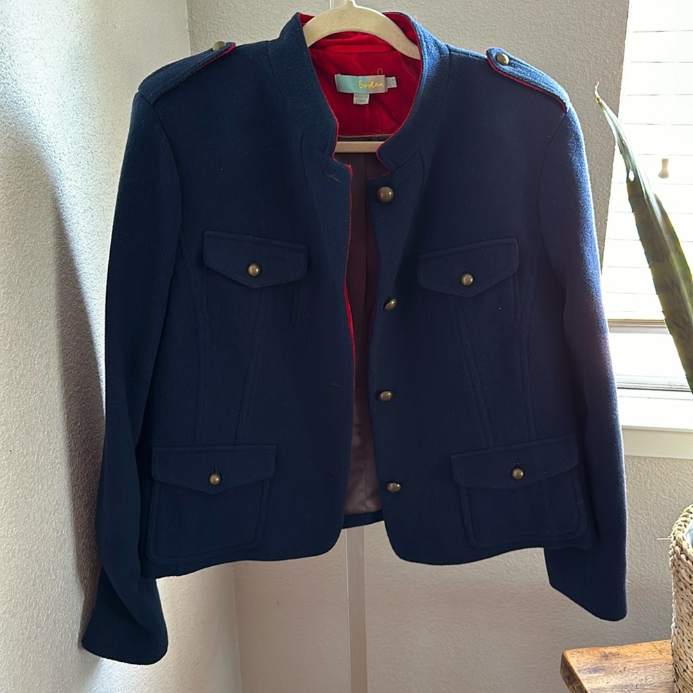 Boden Navy Blue Military-Style Wool Jacket with Red Lining
